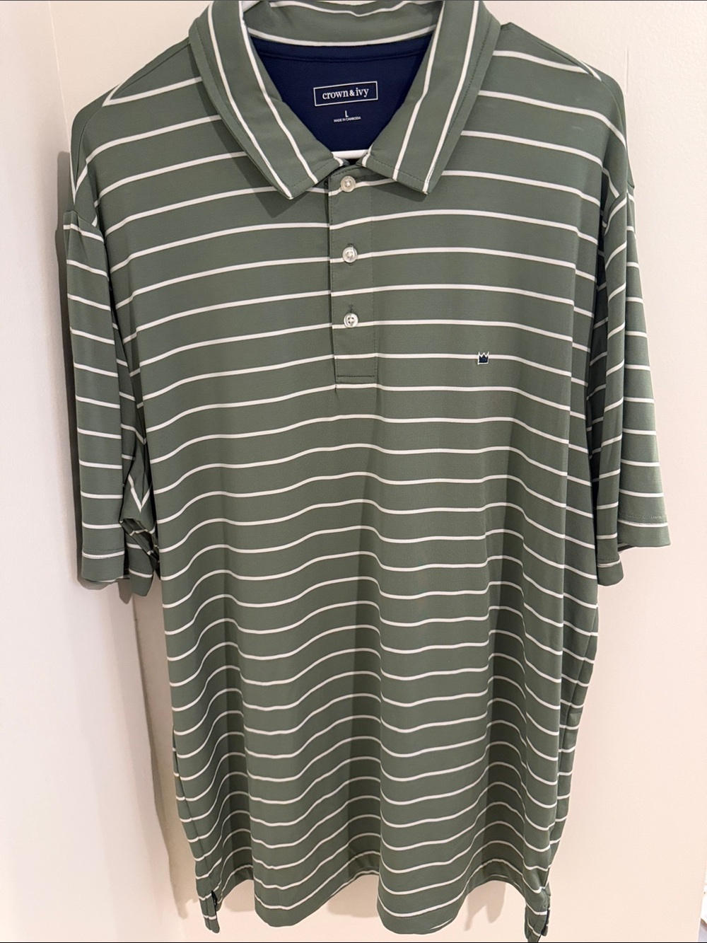 crown & ivy Men's Olive Green Polo with White Stripes